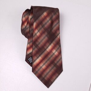 Van Heusen Silk Tie Brown Plaid Stripe Necktie Mens Business Handmade Classic